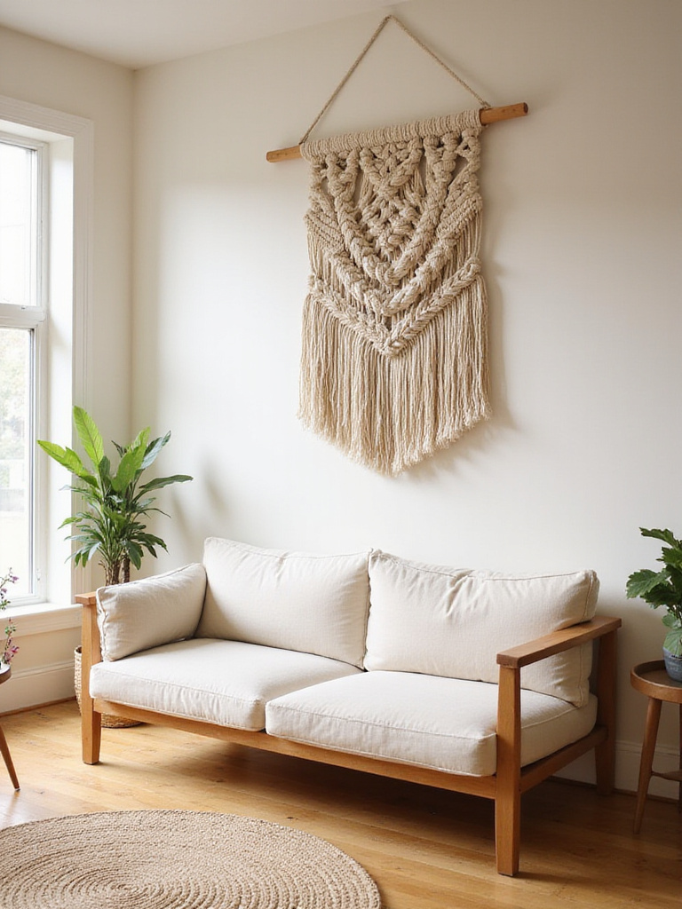 Bohemian living room with a large macrame wall hanging above a sofa.