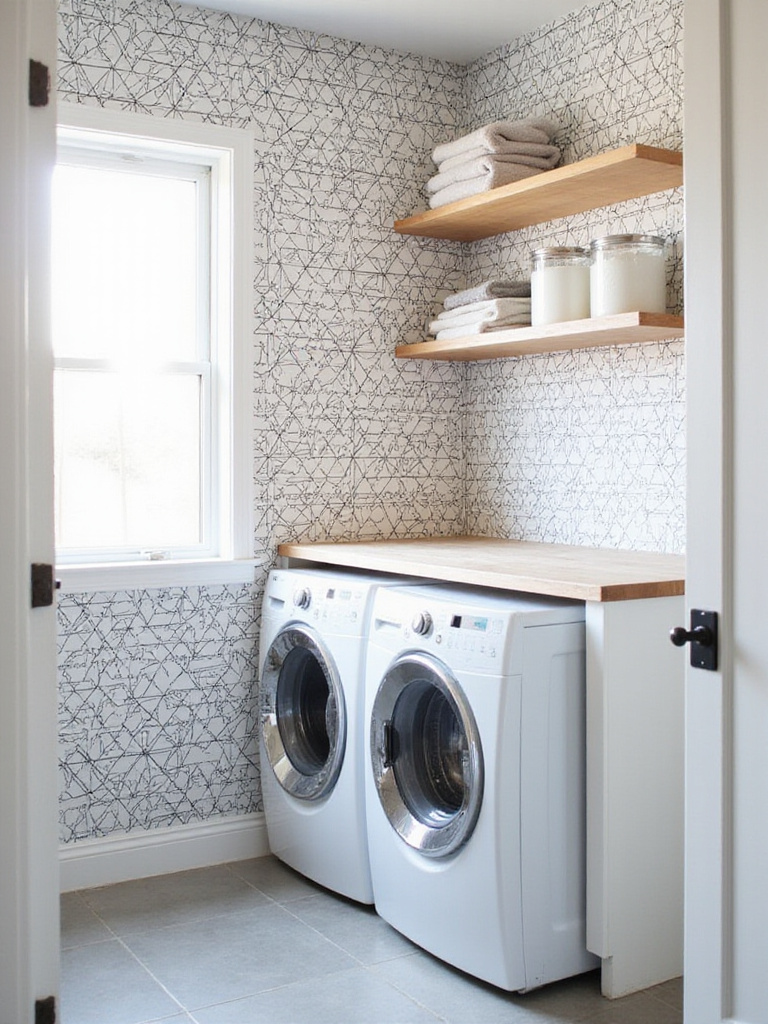 Modern laundry room with bold black and white geometric triangle wallpaper