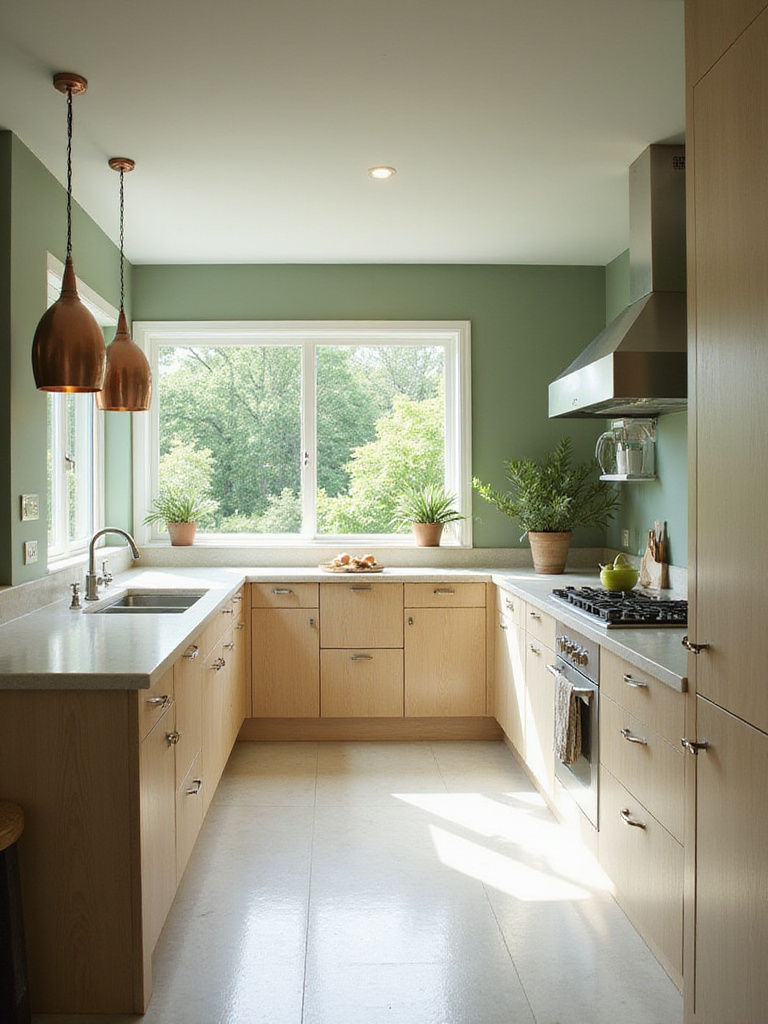 Sage green kitchen with natural wood cabinets and copper pendant lights.