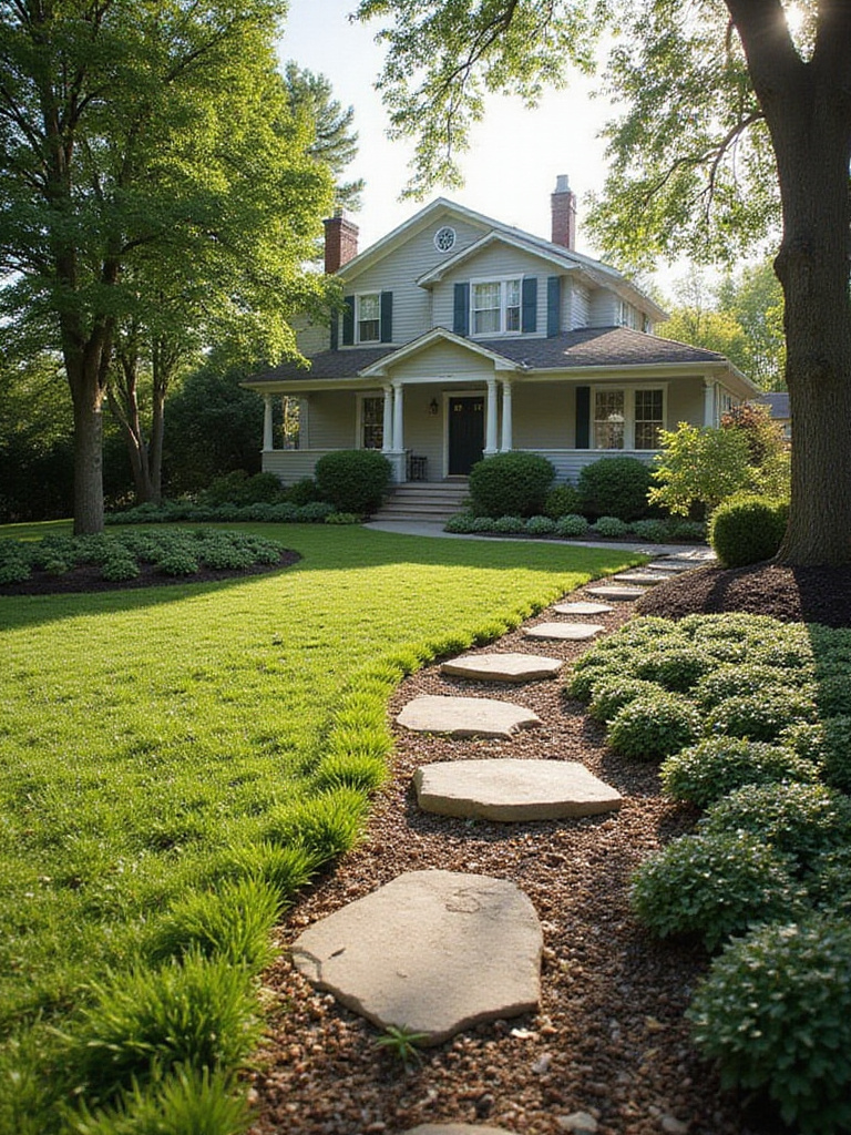 Low-maintenance groundcover replacing grass in a front yard, featuring creeping thyme, sedum, and pachysandra with stepping stones.
