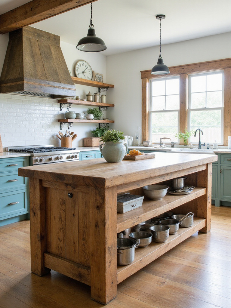 Rustic wooden kitchen island with butcher block countertop in a farmhouse kitchen.