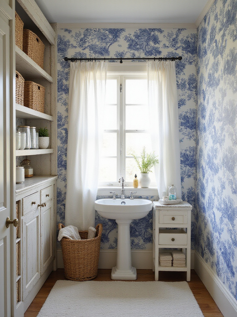 Laundry room featuring blue and white toile wallpaper, evoking a French Country aesthetic.