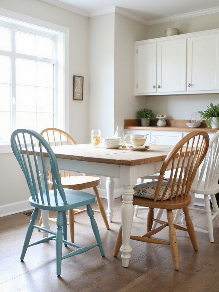 Cottage kitchen with mismatched chairs around a farmhouse table