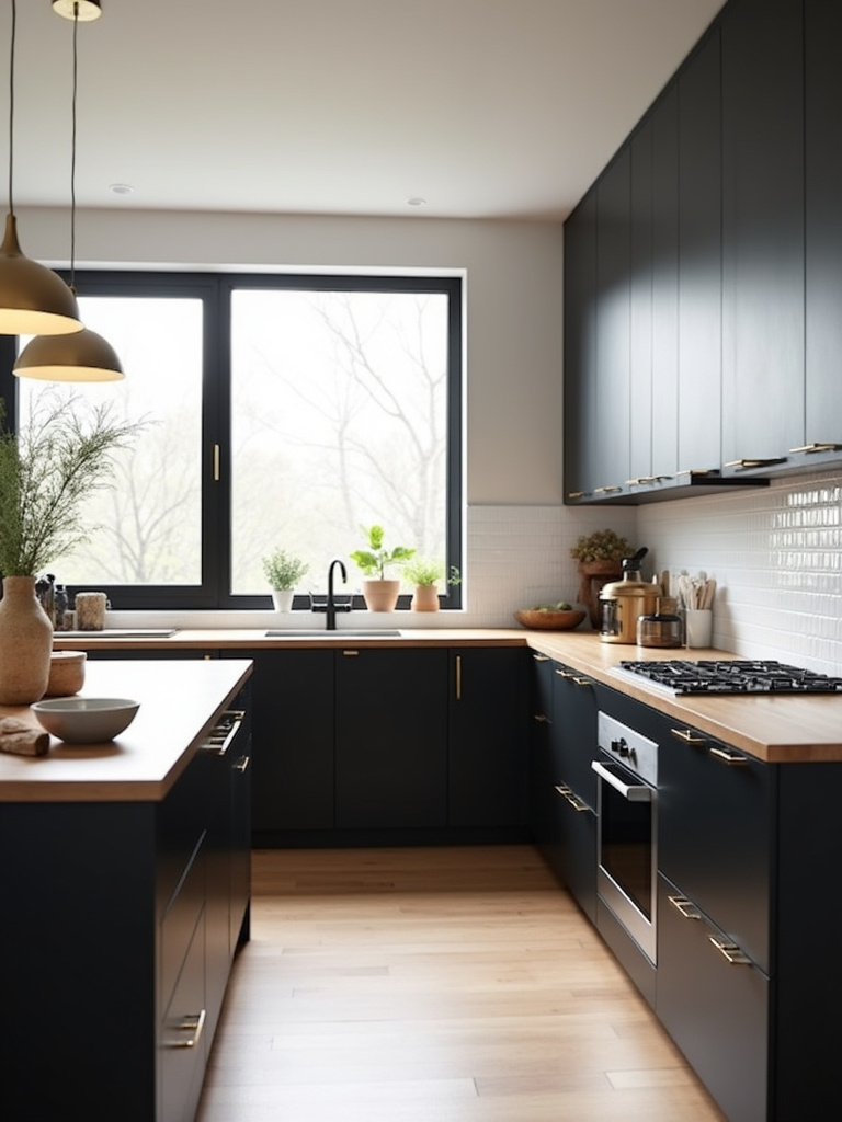 Modern kitchen with sleek matte black cabinets, light wood countertops, and brass hardware.