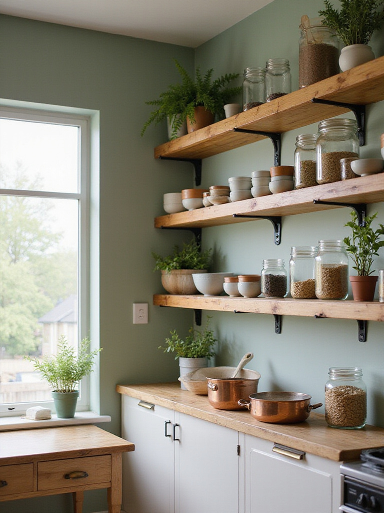 Bright green kitchen with open shelving showcasing sustainable kitchenware.