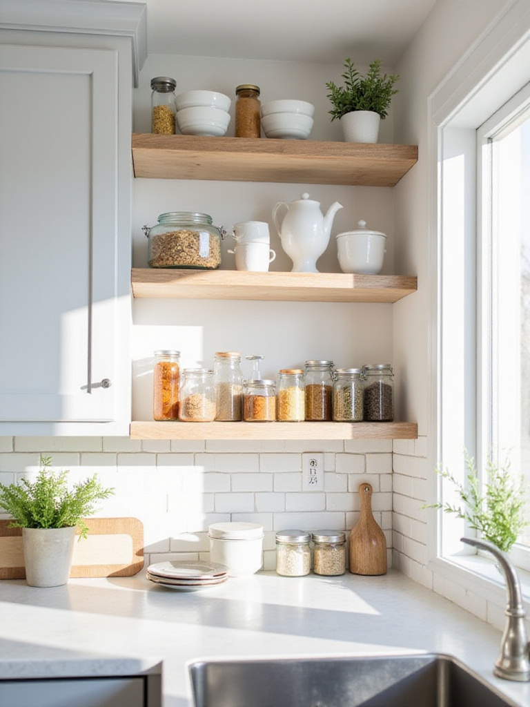 Modern kitchen with open wooden shelving displaying curated dishware and spices.
