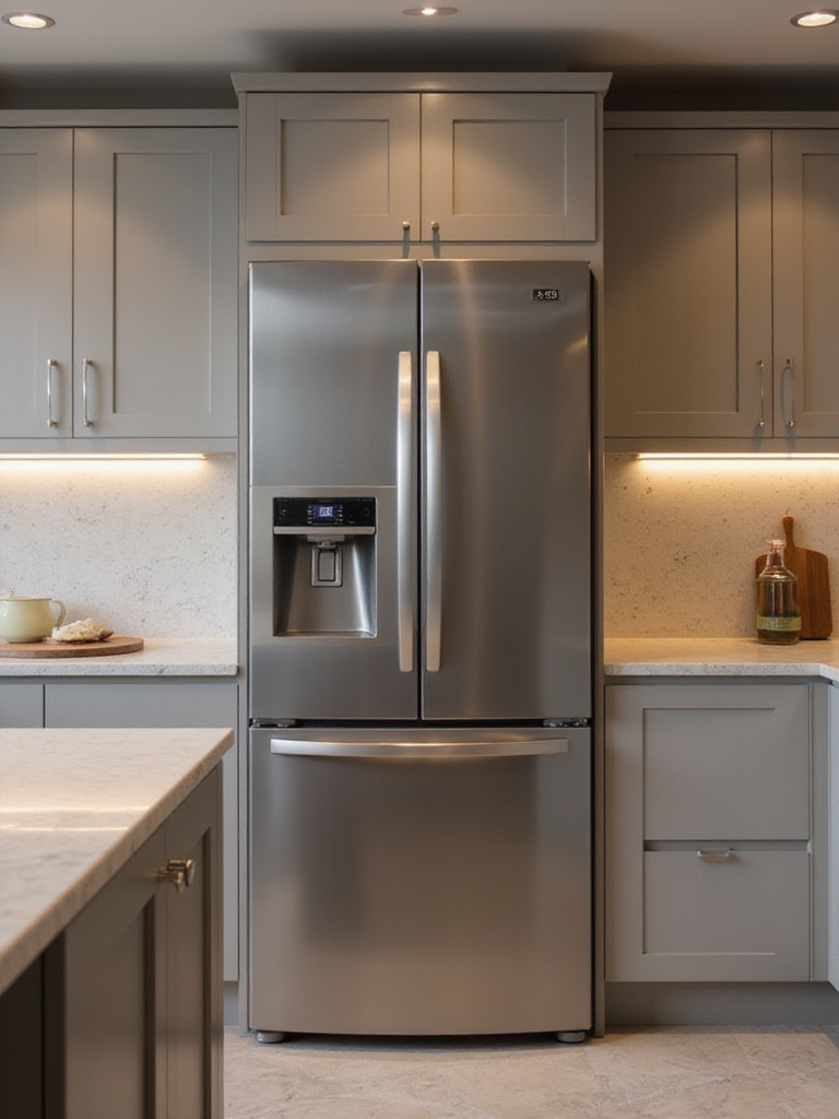 Luxury kitchen with integrated smart refrigerator featuring touchscreen display.
