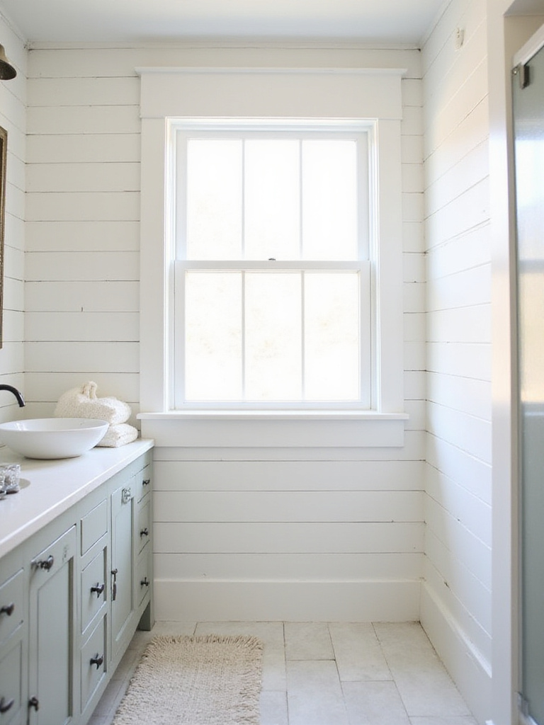 Farmhouse bathroom with white shiplap wainscoting and vintage vanity