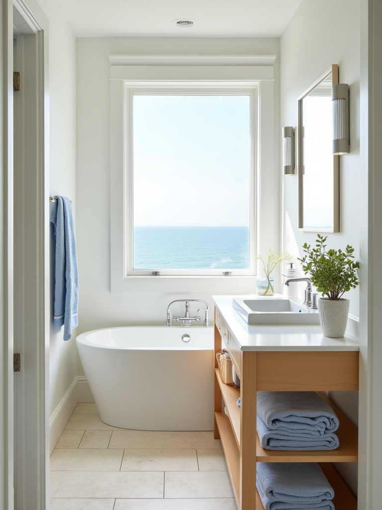 Serene coastal bathroom with a blue and white color palette, featuring soft white walls and blue accents in towels and decor, creating a calming atmosphere.