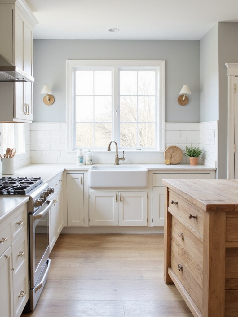 Farmhouse kitchen with white shiplap walls