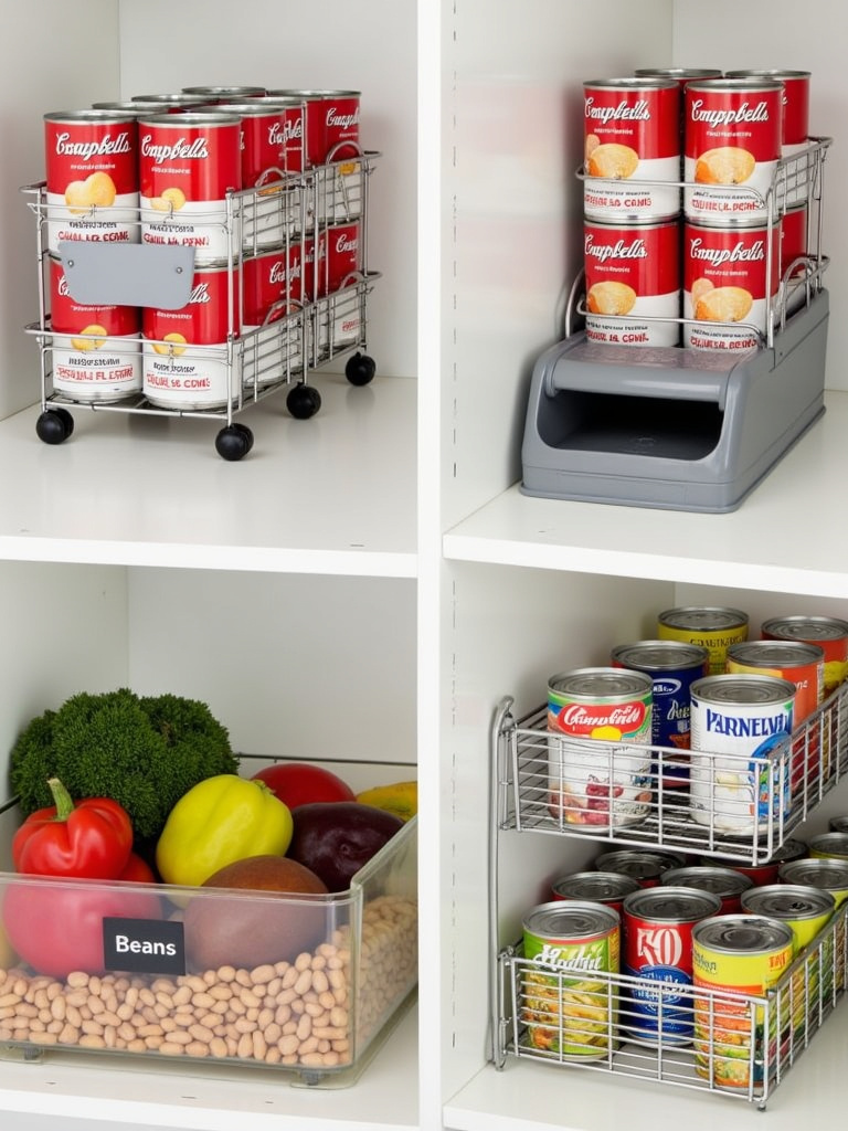 Organized pantry with various can organizers and dispensers, maximizing space and minimizing clutter.