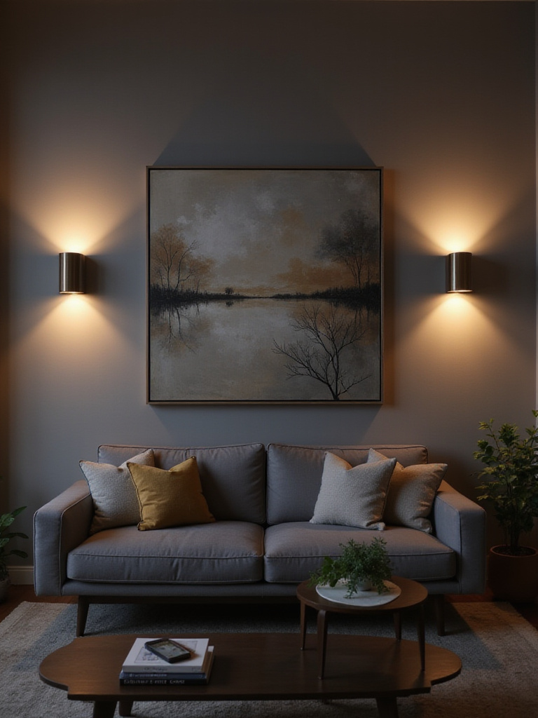 Living room with modern wall sconces providing soft, ambient lighting.