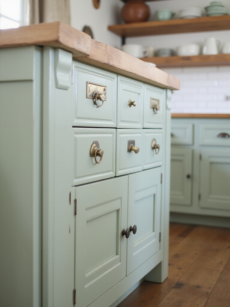 Farmhouse kitchen cabinets with antique brass bin pulls and oil-rubbed bronze knobs.
