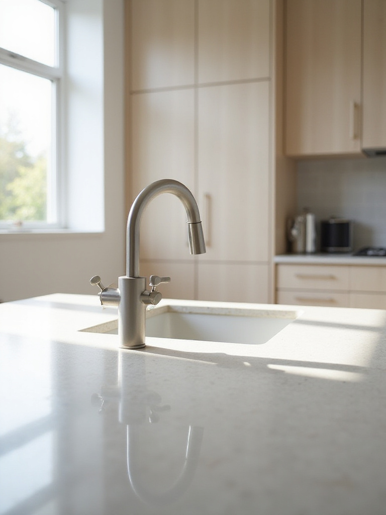 Modern kitchen with stainless steel touchless faucet.