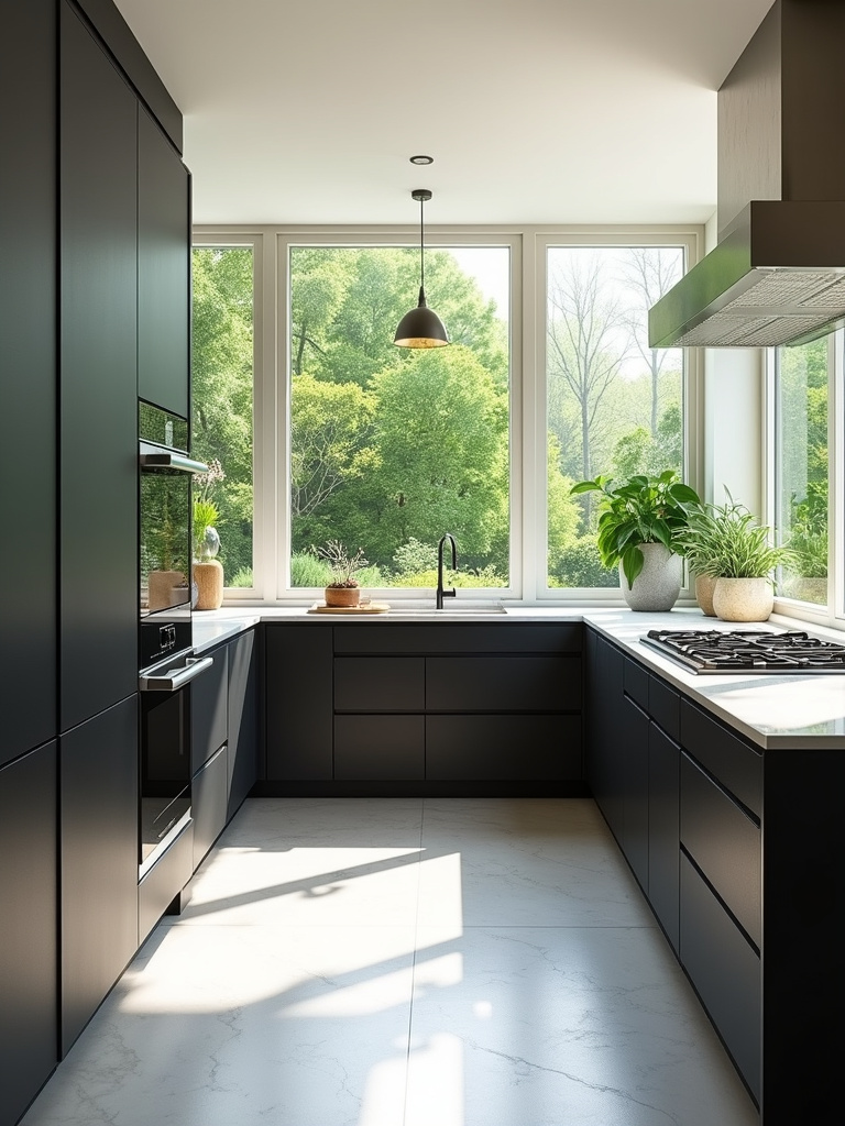 Bright and airy black kitchen with large windows and natural light