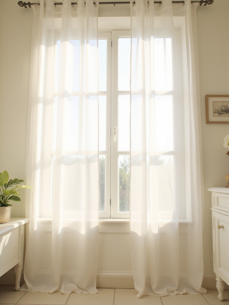 Bathroom with sheer curtains allowing natural light to filter through