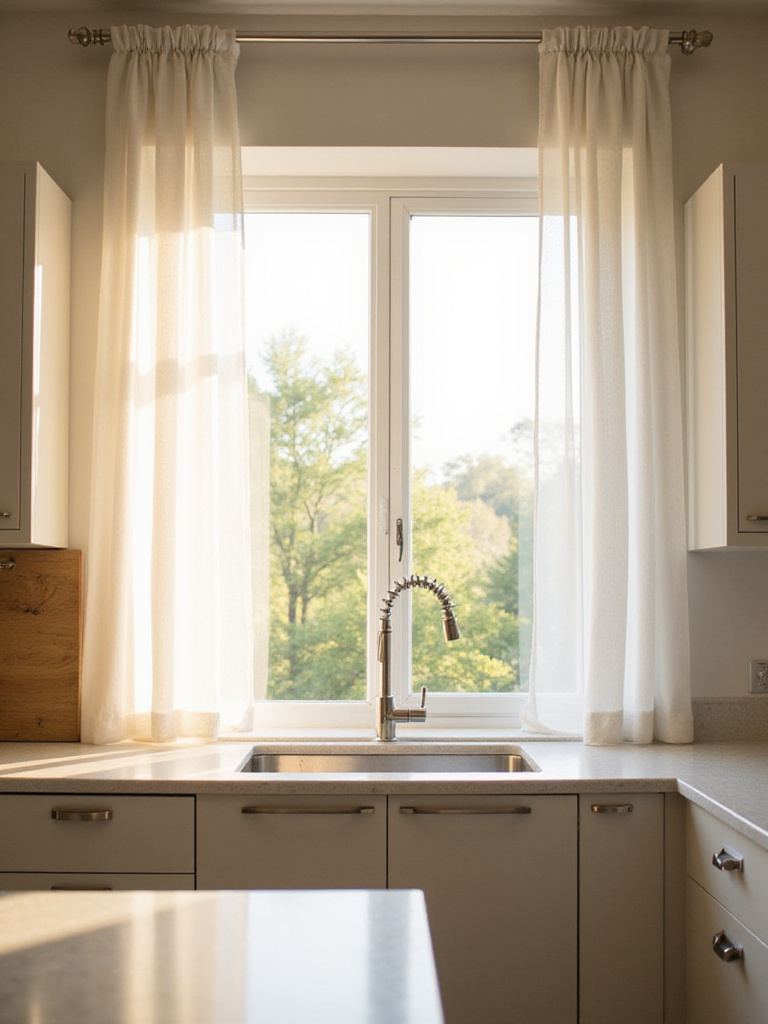 Bright modern kitchen with sheer curtains and natural light