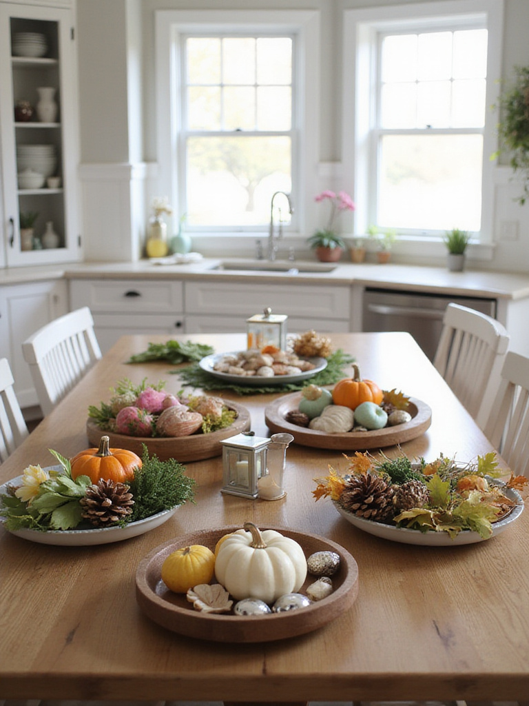 Four seasonal kitchen table centerpieces: Spring, Summer, Autumn, and Winter.