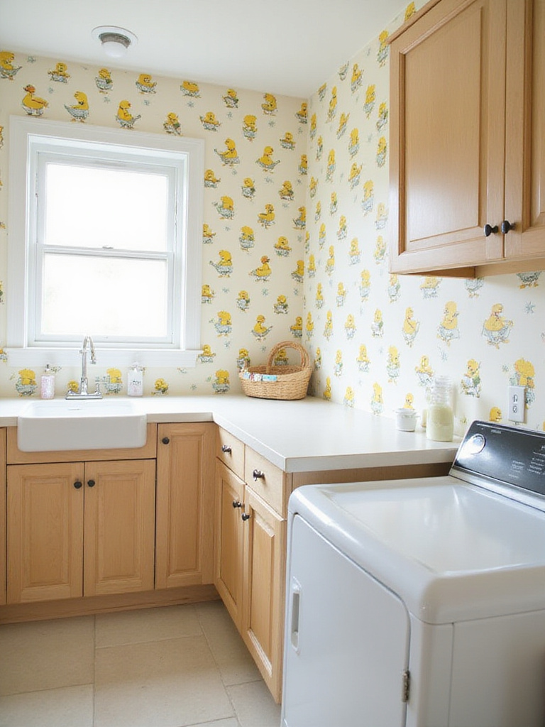 Laundry room with whimsical wallpaper featuring cartoon ducks doing laundry.