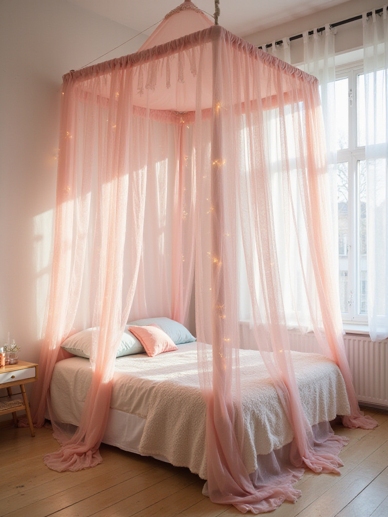Fairytale canopy bed with pink tulle and string lights in a girl's bedroom