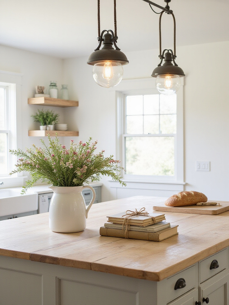 Farmhouse kitchen island with butcher block countertop, vintage cookbooks, and wildflowers.