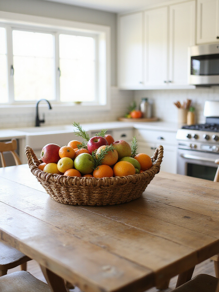 Rustic fruit and vegetable basket centerpiece on a farmhouse kitchen table