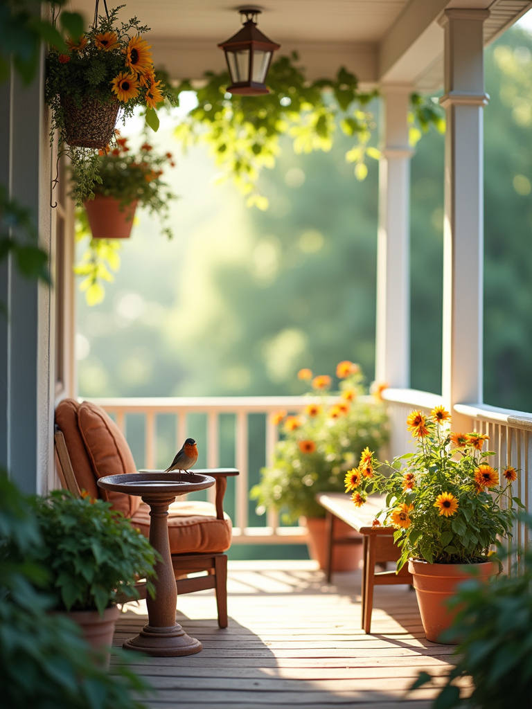 Porch decorated with bird feeder and bird bath, creating a welcoming space for birds and enhancing curb appeal.