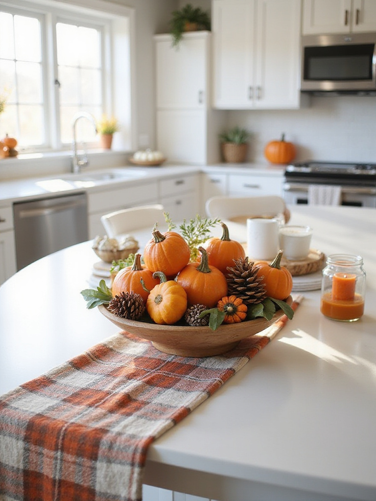 Kitchen island decorated for autumn with pumpkins, gourds, and a plaid table runner