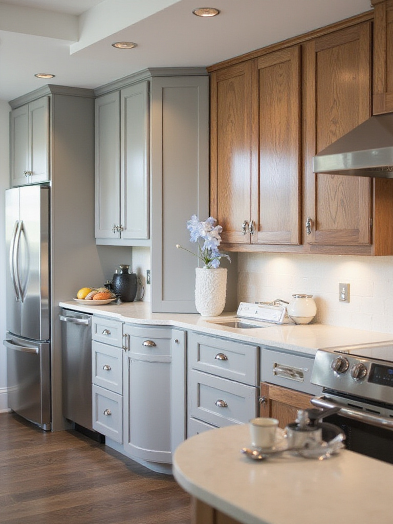 Kitchen cabinets showcasing different finishes: paint, stain, and lacquer.
