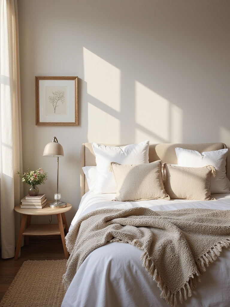 Bedroom interior featuring layered bedding, decorative pillows, and a nightstand with a lamp, books, and flowers.