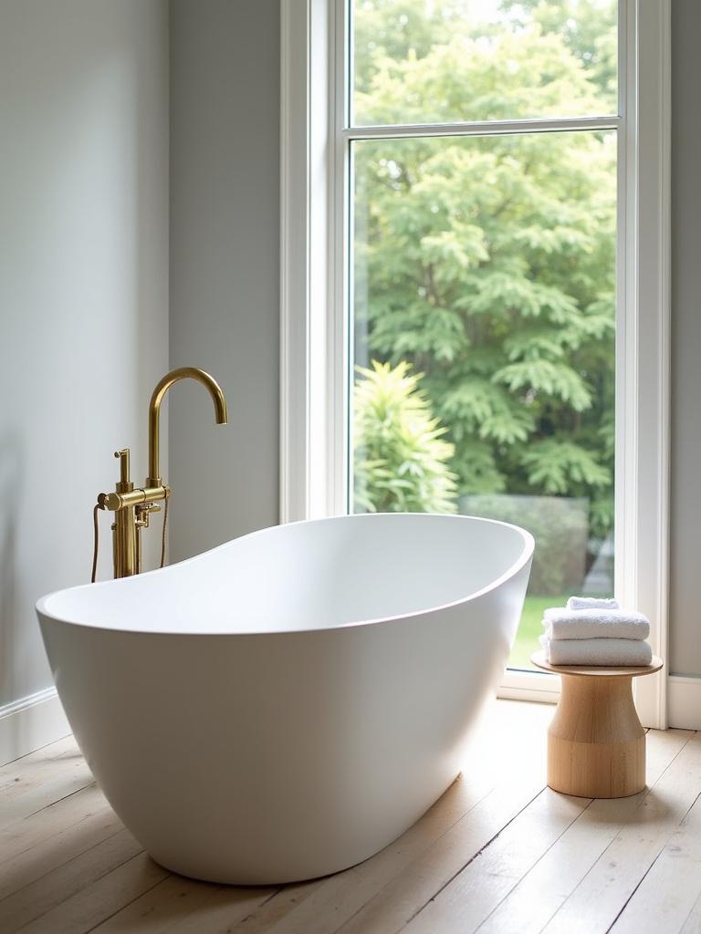 Modern bathroom with a white freestanding tub and brushed gold floor-mounted faucet as statement pieces.