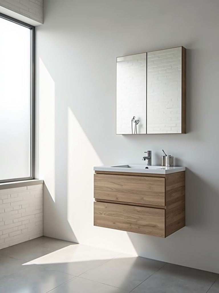 Small bathroom with a light wood floating vanity maximizing space.