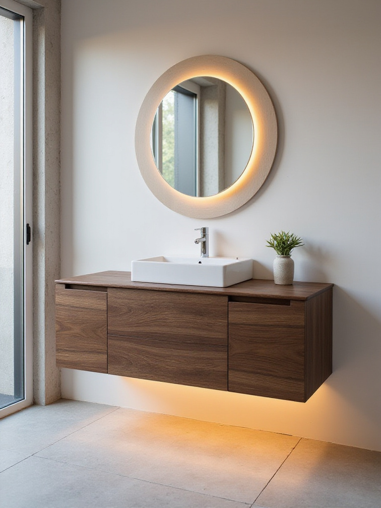 Modern bathroom with a dark walnut floating vanity and LED strip lighting.