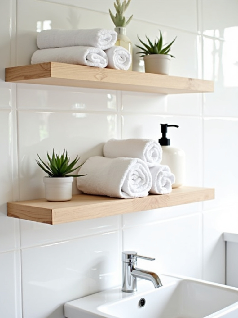 Minimalist floating bathroom shelves with towels and succulents.