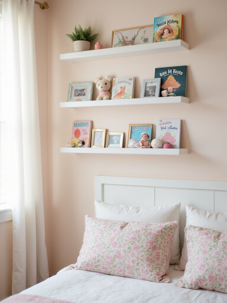 Floating shelves displaying books and toys in a girl's bedroom