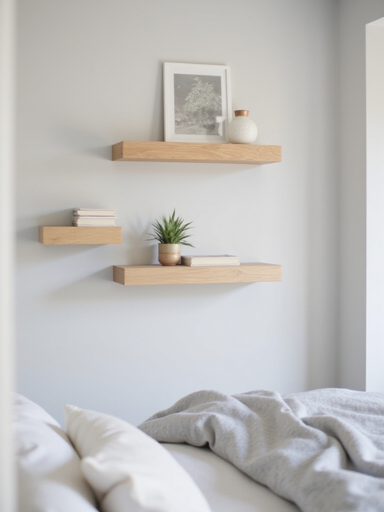 Wooden floating shelves on a bedroom wall holding books, a plant, and a framed print.