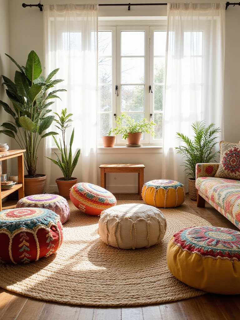Boho living room with colorful poufs and floor cushions