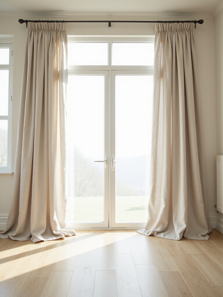 Elegant living room with floor-to-ceiling linen curtains.