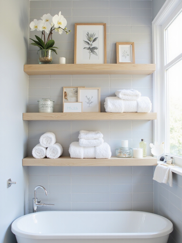 Bathroom shelf decor with white orchids in a clear vase.