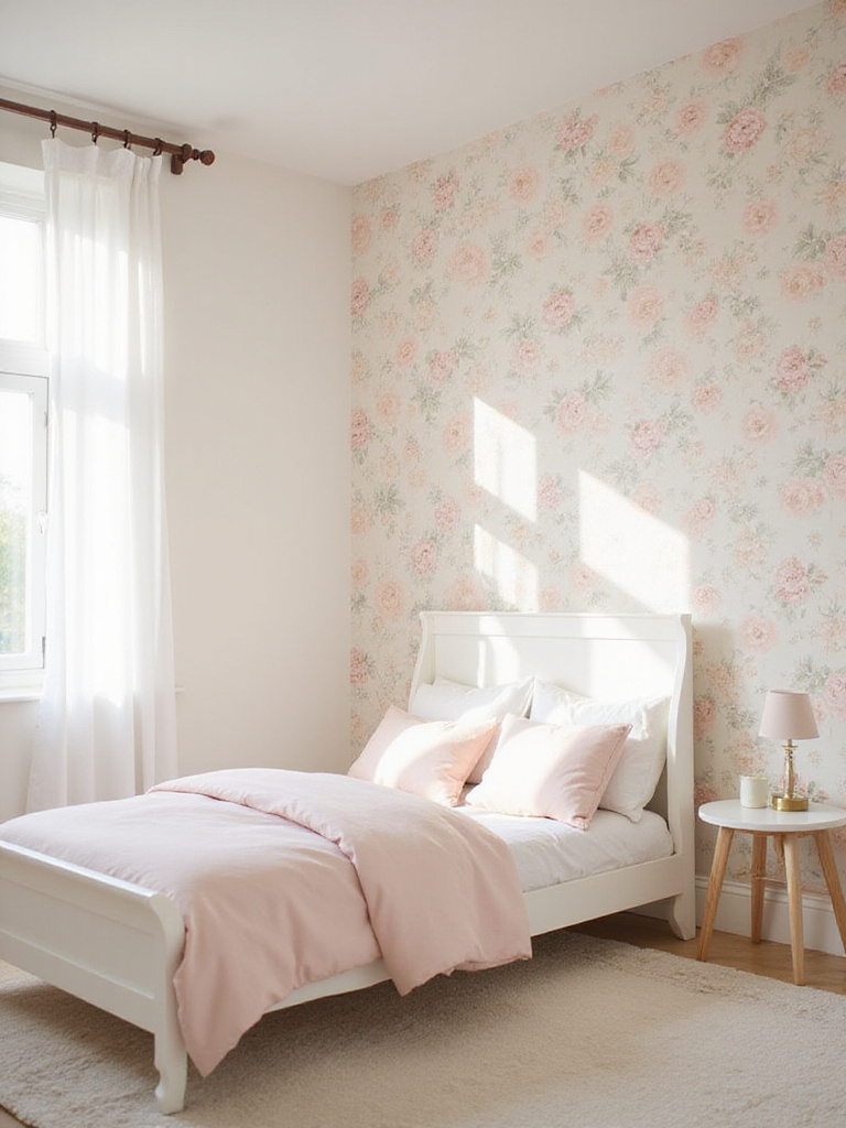 Girl's bedroom with delicate floral wallpaper accent wall.