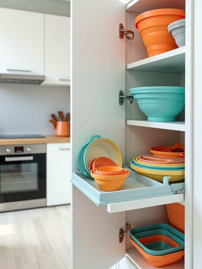 Foldable and nesting kitchen tools organized in apartment kitchen cabinets to maximize space.