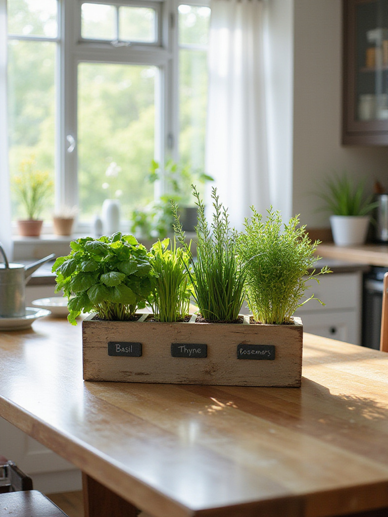 Herb garden centerpiece on kitchen table