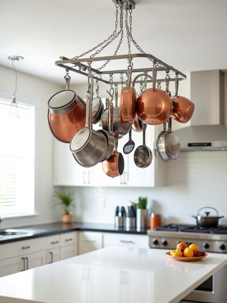 Hanging pot rack freeing up cabinet space in a modern kitchen