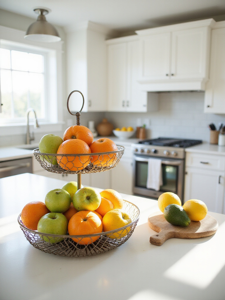 Fresh produce displayed in a stylish wire basket on a kitchen island, adding color and vibrancy to the space.