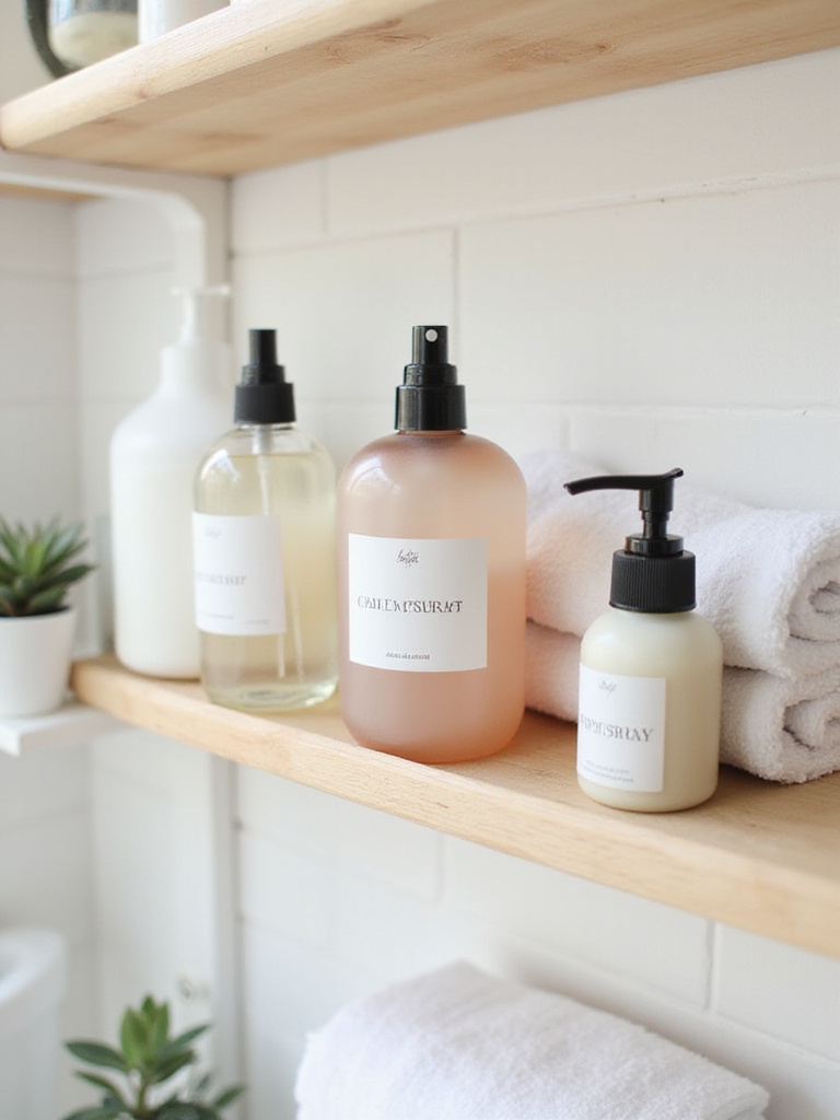 Decorative room sprays displayed on a bathroom shelf with succulent and towels