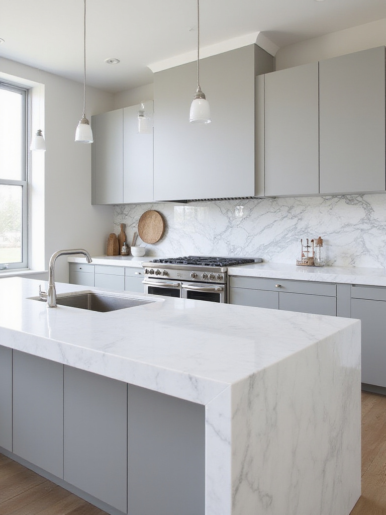 Modern kitchen featuring a full slab marble backsplash for a seamless and contemporary look.