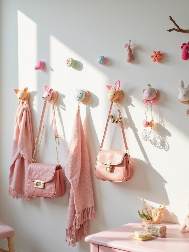Fun wall hooks holding bags, jewelry, and scarves in a girl's bedroom.