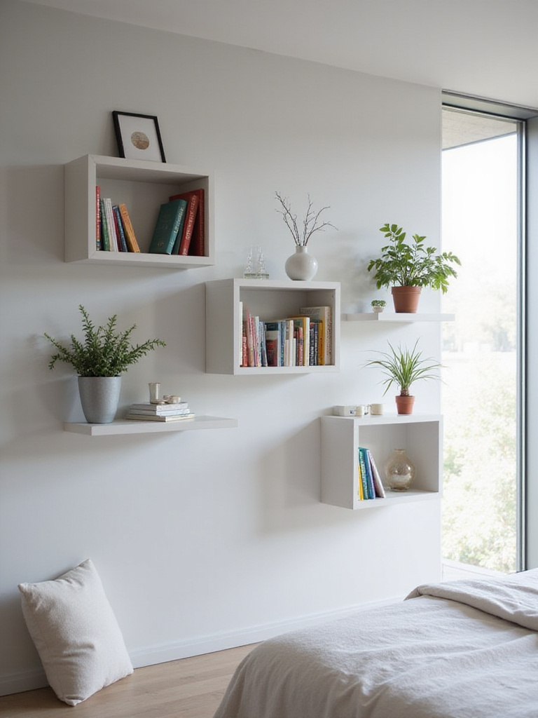 Modern bedroom with white floating wall-mounted bookshelves displaying books and decor.