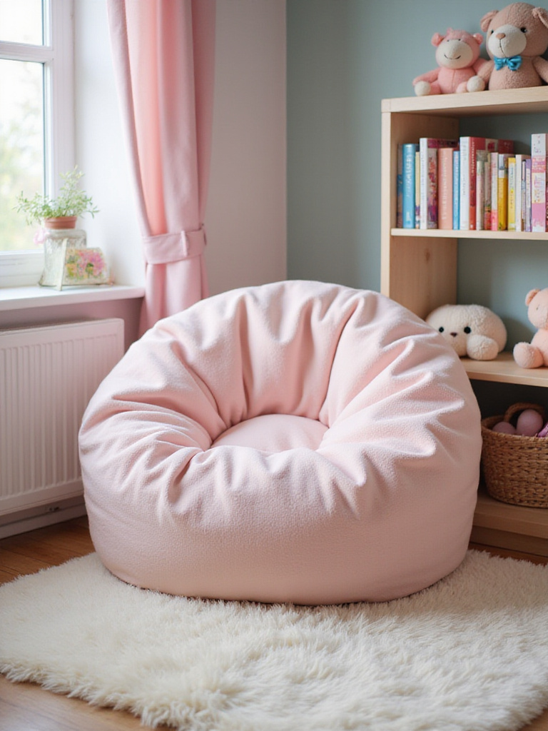 Pastel pink bean bag chair in a cozy girl's bedroom corner