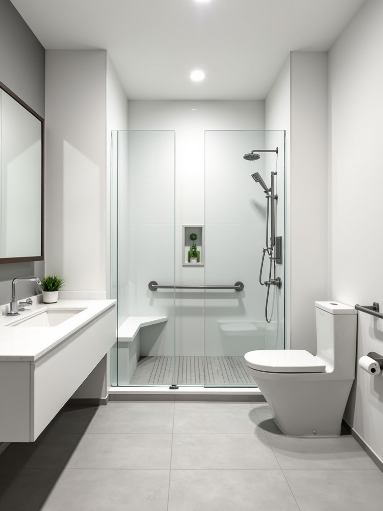 Accessible bathroom design with curbless shower, grab bar, and floating vanity for aging in place.